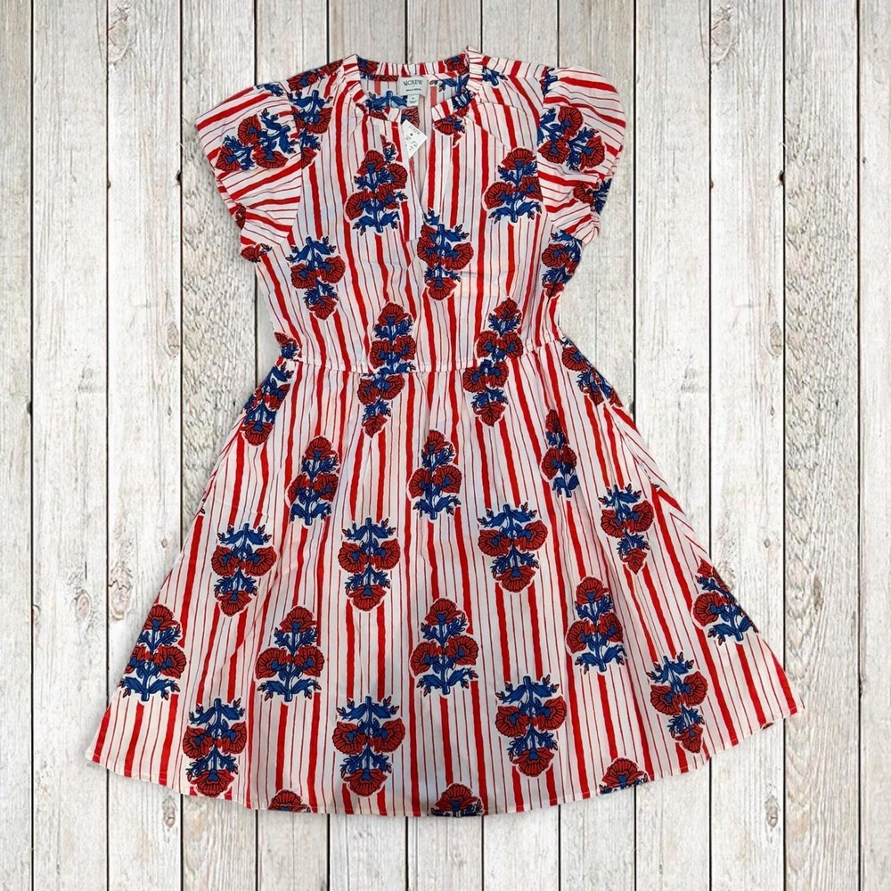 J.Crew Womens Willa Dress Red White Blue Floral Stripe Block Print Size 6 NWT